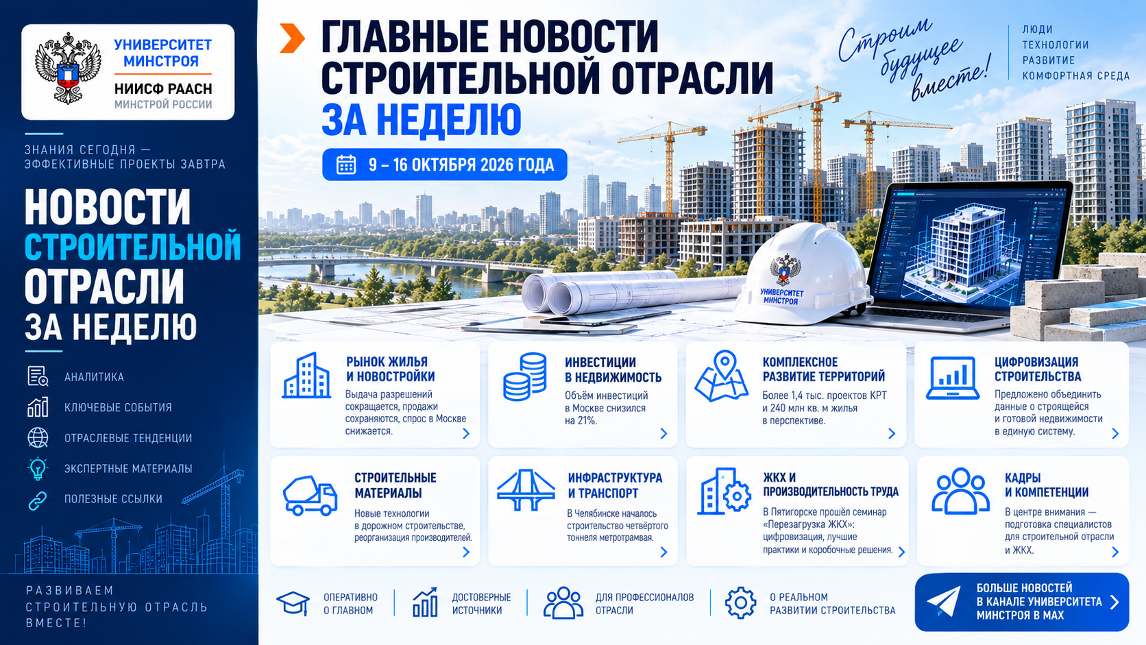 Главные новости строительной отрасли за неделю: рынок жилья, КРТ, цифровизация, стройматериалы и инфраструктура